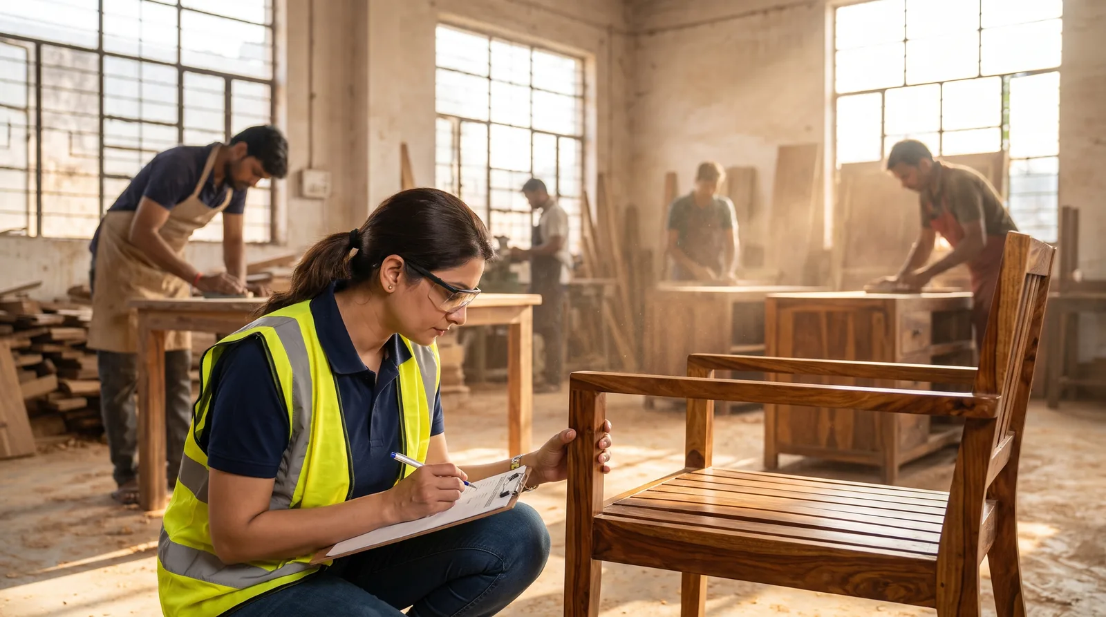Primo agent auditing a sheesham wood chair in a Jaipur furniture factory
